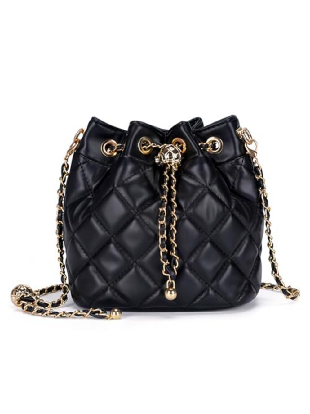 Quilted Leather Bucket Bag Chain Strap Crossbody Shoulder Purse